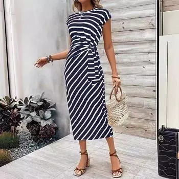 Элегантное темпераментное платье с ремешком на талии, в полоску, с круглым вырезом, короткими рукавами, длинное летнее женское платье высокого класса S