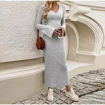 Элегантное трикотажное макси женское платье повседневное с круглым вырезом универсальное базовое женское платье-свитер с длинным рукавом осенние модные женские халаты S чёрный