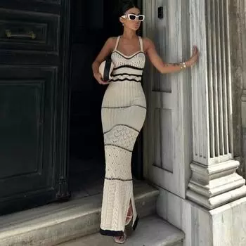 Элегантное трикотажное платье с боковым разрезом для женщин 2024 Лето с высокой талией без рукавов Длинные платья в стиле бохо Femme Сексуальное отпускное платье с открытой спиной Тонкое женское платье S белый