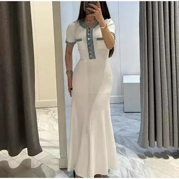 Элегантное трикотажное платье женское тонкое с коротким рукавом однобортное вечернее платье женское 2024 летнее новое модное женское платье халаты L