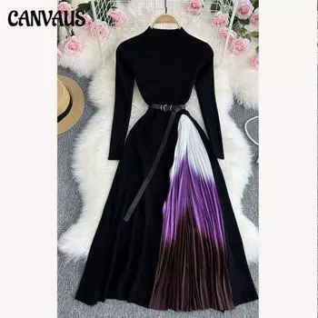 Элегантное трикотажное женское платье с коротким темпераментом и круглым воротником градиентного цвета, тонкая длинная женская юбка S фиолетовый