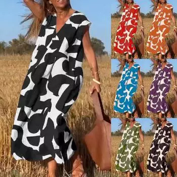 Элегантное универсальное длинное свободное платье с V-образным вырезом и принтом S синий