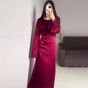 Элегантное вечернее атласное платье с длинным рукавом для женщин, тонкие платья макси на шнуровке с высокой талией Femme France, винтажные облегающие платья-русалка для банкета и отпуска S бордовый