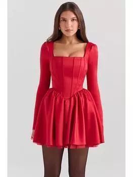 Элегантное вечернее платье без бретелей из золотого бархата - осенне-зимнее приталенное платье с квадратным вырезом и косточками. Large красный