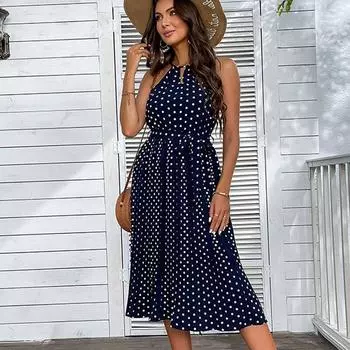 Элегантное вечернее платье без рукавов с лямкой через шею, женское сексуальное платье с высокой талией и цветочным принтом, на шнуровке, повседневное облегающее длинное платье 26314 S зелёный