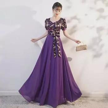 Элегантное вечернее платье из фиолетового шифона с V-образным вырезом и короткими рукавами с бантом XL