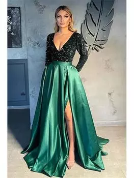 Элегантное вечернее платье на одно плечо с длинным рукавом, V-образным вырезом, пайетками и разрезом S