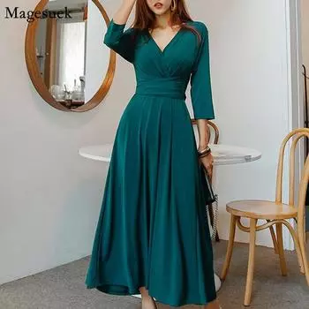 Элегантное вечернее платье с v-образным вырезом и высокой талией, женское длинное платье трапециевидной формы с бантом и поясом, винтажное 2021, сексуальное однотонное платье миди, женское платье Vestidos 13020 S орион