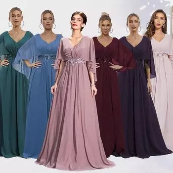 Элегантное вечернее платье с V-образным вырезом, расшитое пайетками, с рукавами-трубами и вышитой аппликацией Large