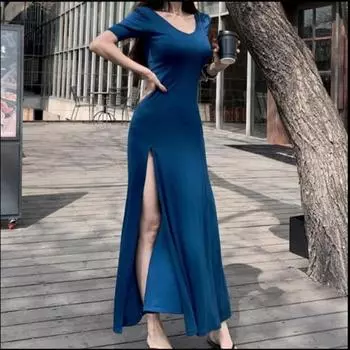 Элегантное вечернее сексуальное вечернее платье с разрезом, женское простое ретро-платье с длинным рукавом и V-образным вырезом, повседневные черные платья, женское модное однотонное платье с высокой талией 26078 S павлин голубой