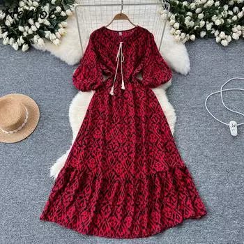 Элегантное винтажное цветочное платье для женщин, летние платья со шнуровкой и тонкой талией, свободные платья с рукавами-фонариками Y2k One Size чёрный