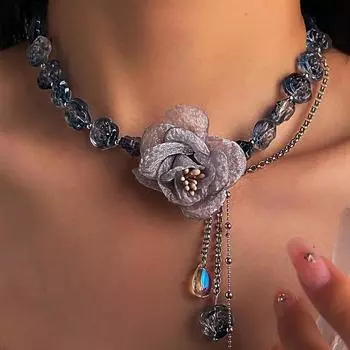 Элегантное винтажное колье-чокер с кисточками из роз для женщин, подвеска из смолы с цветочным градиентом, повседневный и праздничный аксессуар, без покрытия - все сезоны синий
