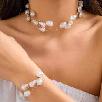 Элегантное винтажное многослойное ожерелье с искусственным жемчугом в стиле барокко, комплект ювелирных изделий для женщин, простое ожерелье из медной проволоки, подарочные ювелирные изделия