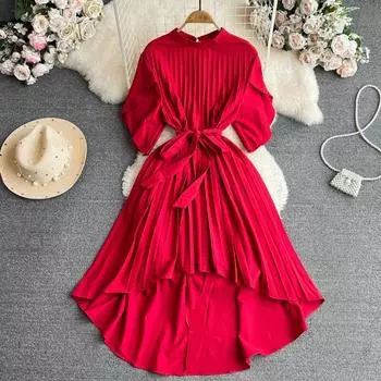 Элегантное винтажное платье с круглым вырезом и рюшами для женщин, летние платья со шнуровкой и тонкой талией, шикарные платья средней длины с расклешенными рукавами One Size синий