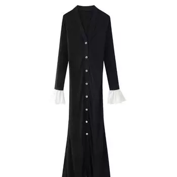 Элегантное вязаное платье с V-образным вырезом, длинное, женское, пэчворк, на одной пуговице, с длинными пышными рукавами, приталенное, шикарное, женственное, облегающее бедра, Vestidos S чёрный