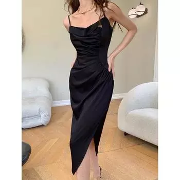 Элегантное зеленое атласное миди-платье без бретелек, подчеркивающее талию, с нерегулярным стилем и разрезом цвета лунного света L