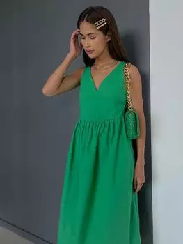 Элегантное зеленое женское платье с v-образным вырезом, повседневное свободное офисное платье без рукавов миди, летние классические женские платья со рюшами L зелёный