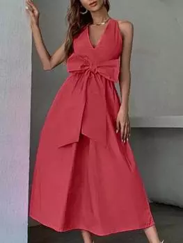 Элегантное зеленое женское платье с v-образным вырезом, повседневное свободное офисное платье без рукавов миди, летние классические женские платья со рюшами S оранжевый