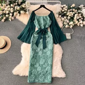 Элегантное жаккардовое платье Франции, женское шифоновое платье-накидка с длинными рукавами в стиле пэчворк, вечерние платья со шнуровкой на бедрах, тисненая одежда S чёрный