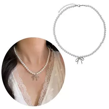 Элегантное жемчужное ожерелье с бусинами, очаровательное жемчужное ожерелье с кулоном в виде банта, модная цепочка на шею для вечеринок