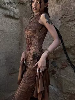 Элегантное женское длинное платье с принтом, винтажное тонкое женское платье без рукавов с круглым вырезом, осеннее платье с высокой талией, женские платья S коричневый