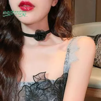 Элегантное женское колье-колье в стиле панк-гот - кружевное украшение в виде камелии, регулируемая длина, ювелирный подарок чёрный