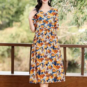 Элегантное женское летнее платье больших размеров с коротким рукавом и винтажным принтом, длинные платья, женская летняя одежда XL
