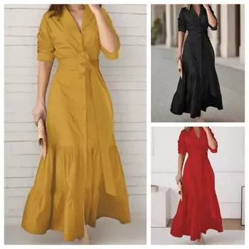 Элегантное женское летнее платье с длинным рукавом и оборками, сарафан, однотонный повседневный халат с лацканами и поясом, вечерние платья S чёрный