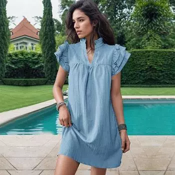 Элегантное женское летнее платье с коротким рукавом, новая мода, многослойное платье трапециевидной формы с воротником-стойкой и рюшами, однотонное свободное вечернее короткое платье с V-образным вырезом 859 S зелёный