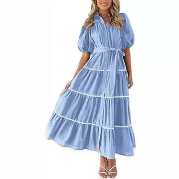 Элегантное женское многослойное платье-рубашка с рюшами плюс размер, свободные плиссированные повязки, пышные летние платья с короткими рукавами и пуговицами, модные вечерние платья принцессы 1078 S белый