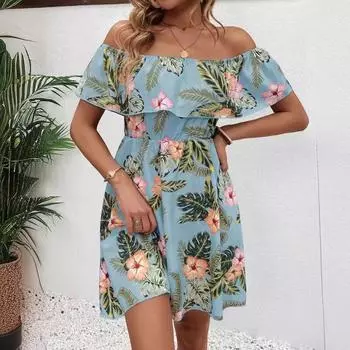 Элегантное женское модное платье с открытыми плечами и оборками S светло-синий