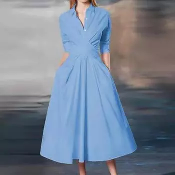 Элегантное женское офисное летнее платье с поясом на талии, женская мода, свободный воротник с лацканами, платья трапециевидной формы с половиной рукавом, женское вечернее платье на шнуровке, однотонное вечернее платье на пуговицах 804 S белый