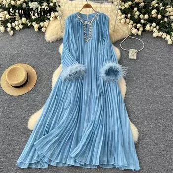 Элегантное женское осеннее платье с круглым вырезом и отделкой стразами, свободное, меховое, пэчворк, плиссированное, длинное платье One size чёрный