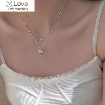 Элегантное женское ожерелье с бабочкой, блестящее двойное колье-цепочка для ключиц, подарок на годовщину, ювелирные изделия, ожерелье для женщин 40cm золотой