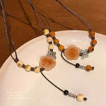 Элегантное женское ожерелье в виде розы на ключицу в китайском стиле из бисера X1395 серебряный