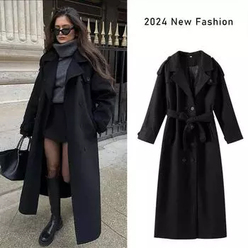 Элегантное женское пальто из смеси, модное свободное пальто со шнуровкой и лацканами, женское 2024, осень-зима, женская верхняя одежда для улицы S чёрный