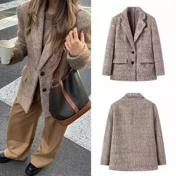 Элегантное женское пальто с длинными рукавами и пуговицами на лацканах из шерстяного плюша, осень/зима 2024, стильная свободная офисная куртка S хаки