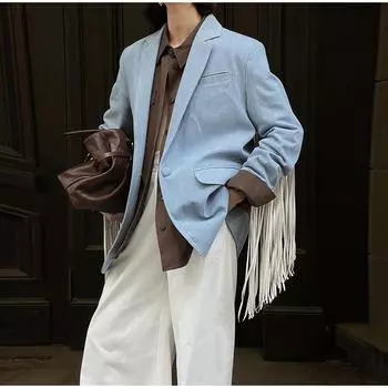 Элегантное женское пальто с кисточками, синее, с длинным рукавом, отложным воротником и пуговицами, женское пальто, женская осенняя модная женская верхняя одежда S синий