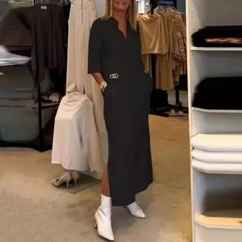 Элегантное женское платье 1 шт. H-образный дизайн Slim Fit однотонная полиэстеровая ткань XXL чёрный