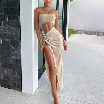 Элегантное женское платье без бретелек с разрезом, сексуальное, модное летнее облегающее платье с высокой талией, нестандартное вечернее платье для вечеринок и клуба, без рукавов, женские платья 1079 S абрикосовый