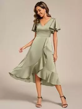 Элегантное женское платье Ever-Pretty с оборками на рукавах, длиной миди, из атласа для гостей на свадьбу с асимметричным подолом M коричневый