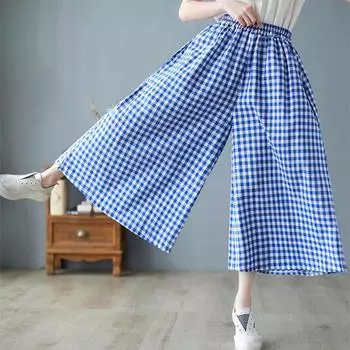 Элегантное женское платье, клетчатые брюки, тонкие хлопковые льняные широкие брюки, женские летние мешковатые брюки с высокой талией, спортивные штаны M