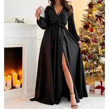 Элегантное женское платье макси с V-образным вырезом и разрезом, летнее винтажное платье с рукавами-фонариками, длинное платье для вечеринки, женское повседневное облегающее клубное платье со шнуровкой и высокой талией 26153 S чёрный