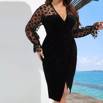 Элегантное женское платье миди с V-образным вырезом, кружевной строчкой, длинным рукавом, облегающее платье больших размеров, обтягивающее платье с завышенной талией, клубная одежда 4XL чёрный