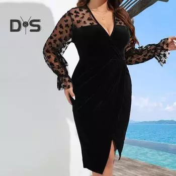 Элегантное женское платье миди с V-образным вырезом, кружевной строчкой, длинным рукавом, облегающее платье больших размеров, обтягивающее платье с завышенной талией, клубная одежда 4XL чёрный