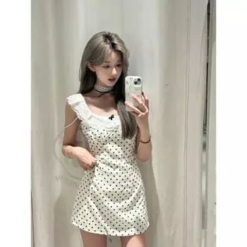 Элегантное женское платье, милое кружевное лоскутное атласное платье в горошек без рукавов с оборками и квадратным воротником, модные мини-платья, вечерние сексуальные женские платья S абрикосовый