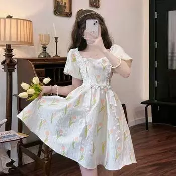 Элегантное женское платье, милое винтажное платье феи с цветочным принтом, летнее шикарное кавайное белое платье с оборками, белое платье во французском стиле S
