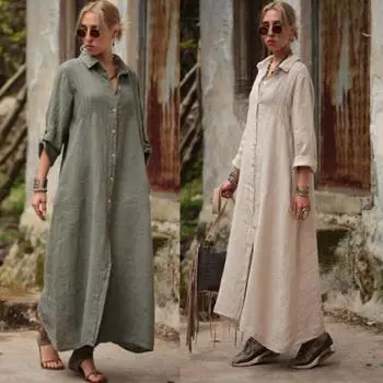 Элегантное женское платье-рубашка с длинным рукавом, новая мода, простое свободное хлопковое платье больших размеров, длинное платье макси, винтажное вечерние с лацканами, повседневное однобортное платье 1001 S армия зеленый