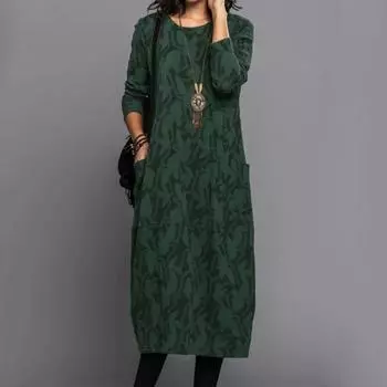 Элегантное женское платье с длинным рукавом и круглым вырезом, модное повседневное длинное платье с карманами, женские свободные винтажные вечерние платья 1312 S фиолетовый