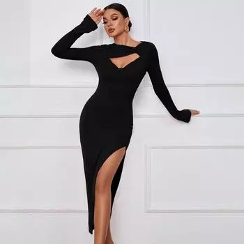 Элегантное женское платье с длинным рукавом и вырезом, сексуальное, модное, повседневное, с разрезом, вечернее платье-карандаш, летнее, с высокой талией, облегающее женское платье 25558 S чёрный